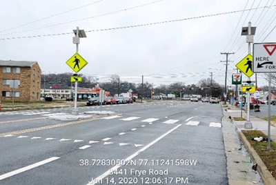 Frye Road Crossing after a rectangular rapid flashing beacon and refuge island were constructed