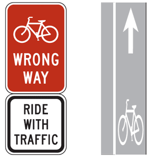 "Graphics.  Two graphics showing bicycle signage and pavement markings.  On the left are two signs – the top sign is a red wrong way sign with a bicycle and below it is a black and white sign that states “Ride with traffic.”  On the right are pavement markings for a bike lane showing a bicycle with an arrow indicating the correct direction of travel."