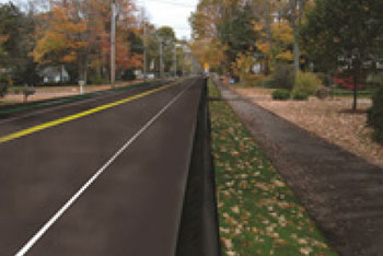 ""Photos.  Two photos showing an existing road and potential improvements.  The photo on the right shows the two lane roadway with narrowed lanes and shoulders, a grass buffer, and a separated path.