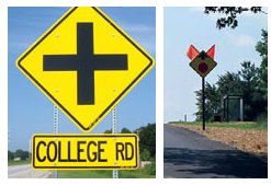 "Photos of two intersection approach warning signs, one oversized and the other with flags at the top."