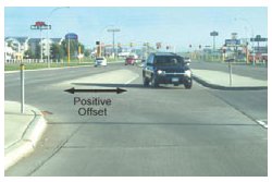 "Photo of two opposing left turn lanes with a positive offset, which provides allows each left-turning motorist to see the oncoming through traffic."