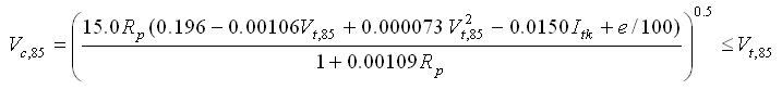 Equation. The 85th percentile curve speed equals the result of (the product of 15.0 times the travel path radius times (the sum of 0.106 minus 0.00106 times the average tangent speed squared minus 0.0150 times the indicator variable for trucks plus the superelevation rate divided by 100) divided by the sum of 1 plus 0.00109 time the travel path radius) raised to the 0.5 power is less than or equal to the 85th percentile tangent speed.