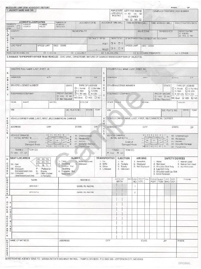 "Copy of the first page of a sample Missouri Uniform Accident Report form."