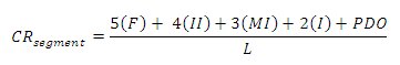 "Equation. Crash rate subscript segment equals the result of 5(F) plus 4(II) plus 3(MI) plus 2(I) plus PDO divided by L."