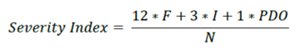 "Equation. Severity index equals the result of 12 times F plus 3 times I plus 1 times PDO divided by N."