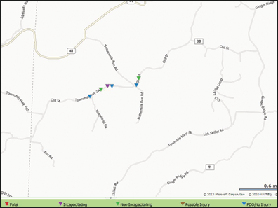 "Figure 4.2 is a GCAT Crash Data Map showing fatal, serious and property damage only crashes from 2007 to 2011 on an Adams County township road."