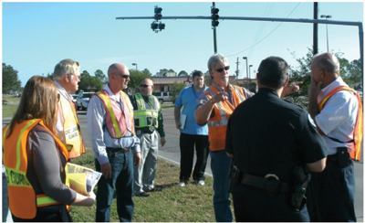 "Figure 4.4 is a photo showing the Louisiana LTAP led Road Safety Audit for the South Central Transportation Safety Coalition team looking at an intersection and discussing the safety issues."