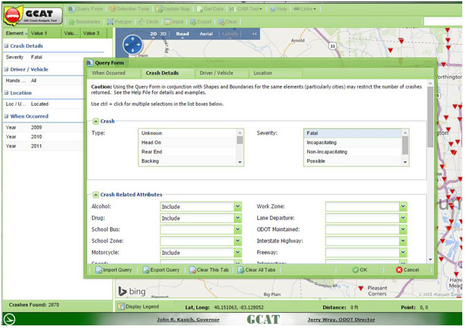 Figure 4.4 is a screenshot of the Ohio Department of Transportation’s Geographic Crash Analysis Tool web site. It shows the types of queries that can be performed by end users, which include filtering by crash severity, alcohol use, motorcycle involvement, and crash type, among others.