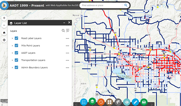 Screenshot of the Annual Average Daily Traffic (AADT) story map with different drop-down panels.
