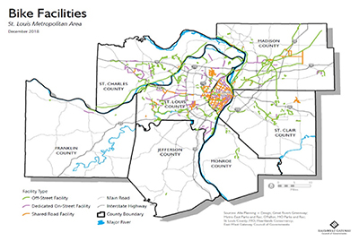 Heatmap of bicycle facilities in St. Louis Metropolitan area including: off-street facility, dedicated on-street facility, and shared road facility.