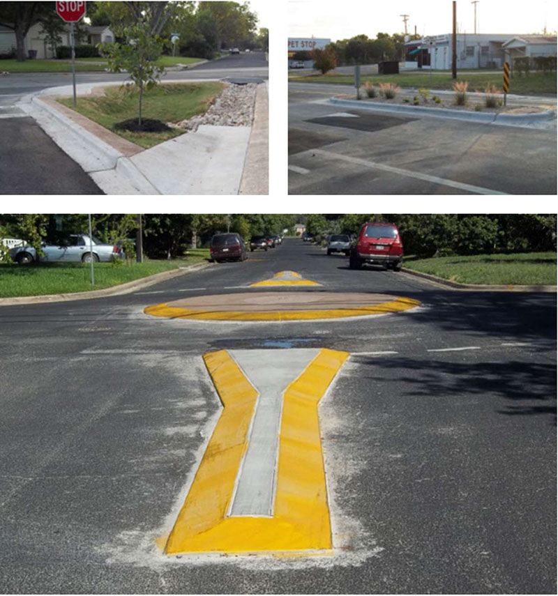 Images of several physical engineering countermeasures used are shown above: Rain Garden Bulb Out (top left), Median and Speed Cushions (top right), and Mountable Traffic Circles (bottom).