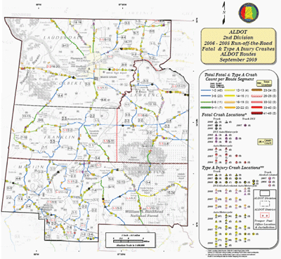 "ALDOT 2004-2008 color-coded Run-off-the-Road, Fatal & Type A Injury Crashes map and legend"