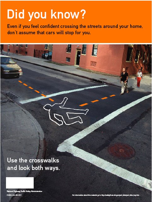The photograph shows a man who has just begun to cross a street in an urban residential area. He is walking in the crosswalk. A car is coming towards him from a perpendicular angle. Dotted lines that arrive at a body outline indicate where the paths of the car and the male pedestrian would meet if they continue on their present paths. The text reads: Did you know? Even if you feel confident crossing the streets around your home, don't assume that cars will stop for you. Use the crosswalks and look both ways.