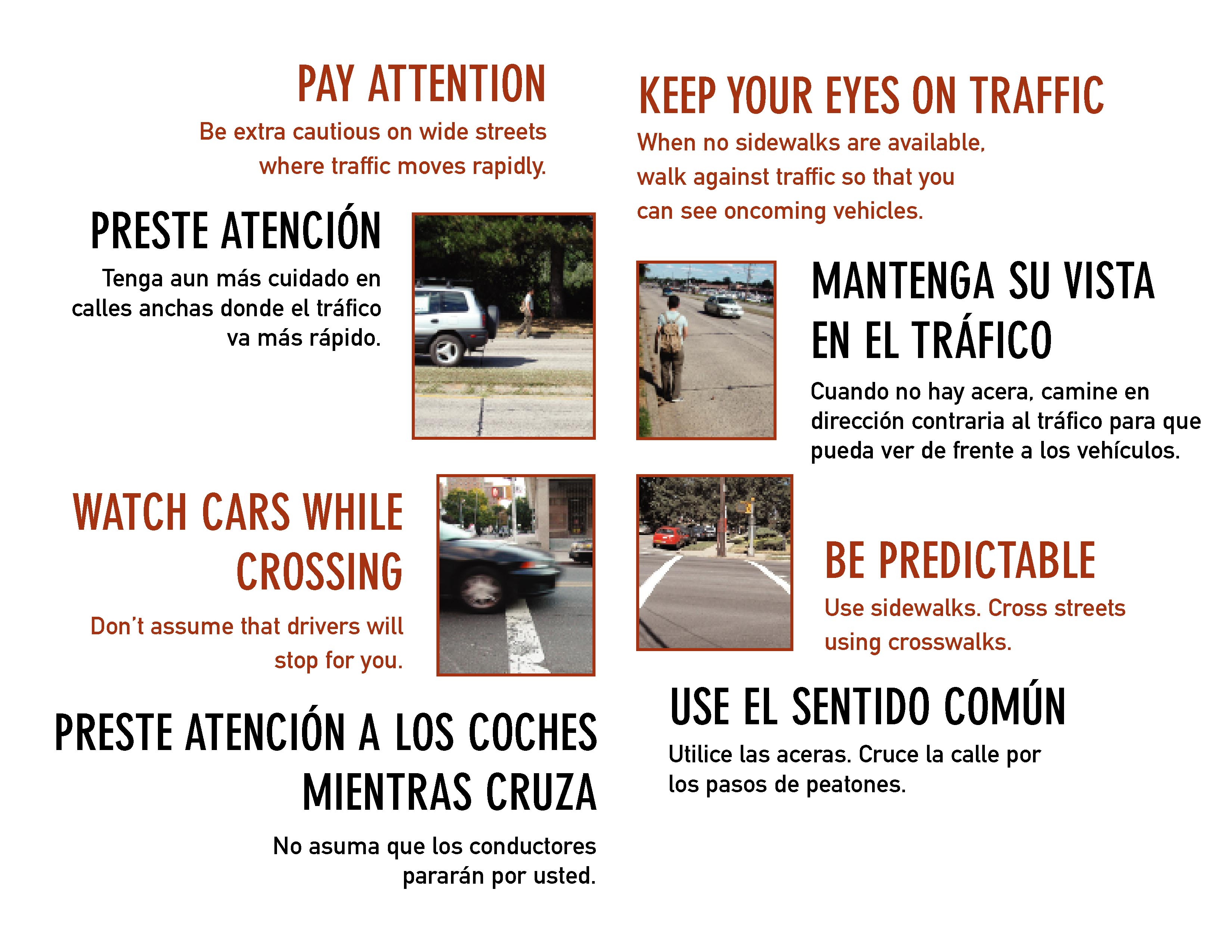 Capa exterior, izquierda (Outside cover, left side): Diccionario (Dictionary) Paso de peatones (Crosswalk) Use siempre el paso de peatones donde los haya. Pero no asuma que los conductores pararán. Mire antes y mientras esté cruzando. (Always use the crosswalk if there is one. But don't assume that drivers will stop for you. Look before and while crossing.) Ojos (Eyes) Mire a ambos lados antes de cruzar. Haga contacto visual con los conductores para asegurarse de que le han visto. (Look both ways before you cross. Make eye contact with drivers to be sure they see you.) Capa exterior, derecha (Outside cover, right side): La fotografía muestra una calle ancha con muchos coches y un peatón caminando por la carretera dando la espalda al tráfico. No hay acera. Las líneas punteadas en la fotografía marcan la trayectoria proyectada del peatón y la trayectoria proyectada de un vehículo y demuestran donde el peatón y el vehículo chocarían en caso de accidente. Ese punto es marcado por el contorno de un cuerpo. (The photograph shows a wide suburban road with cars and a male pedestrian on the side of road with his back to traffic. There is no sidewalk. Vehicles approach him from behind. Dotted lines that arrive at a body outline indicate where the paths of a car and the pedestrian would meet if they continue on their present paths.) ¿Sabía Usted? Si no hay aceras, camine de frente al tráfico. (Did you know? If there are no sidewalks, walk facing traffic.)
