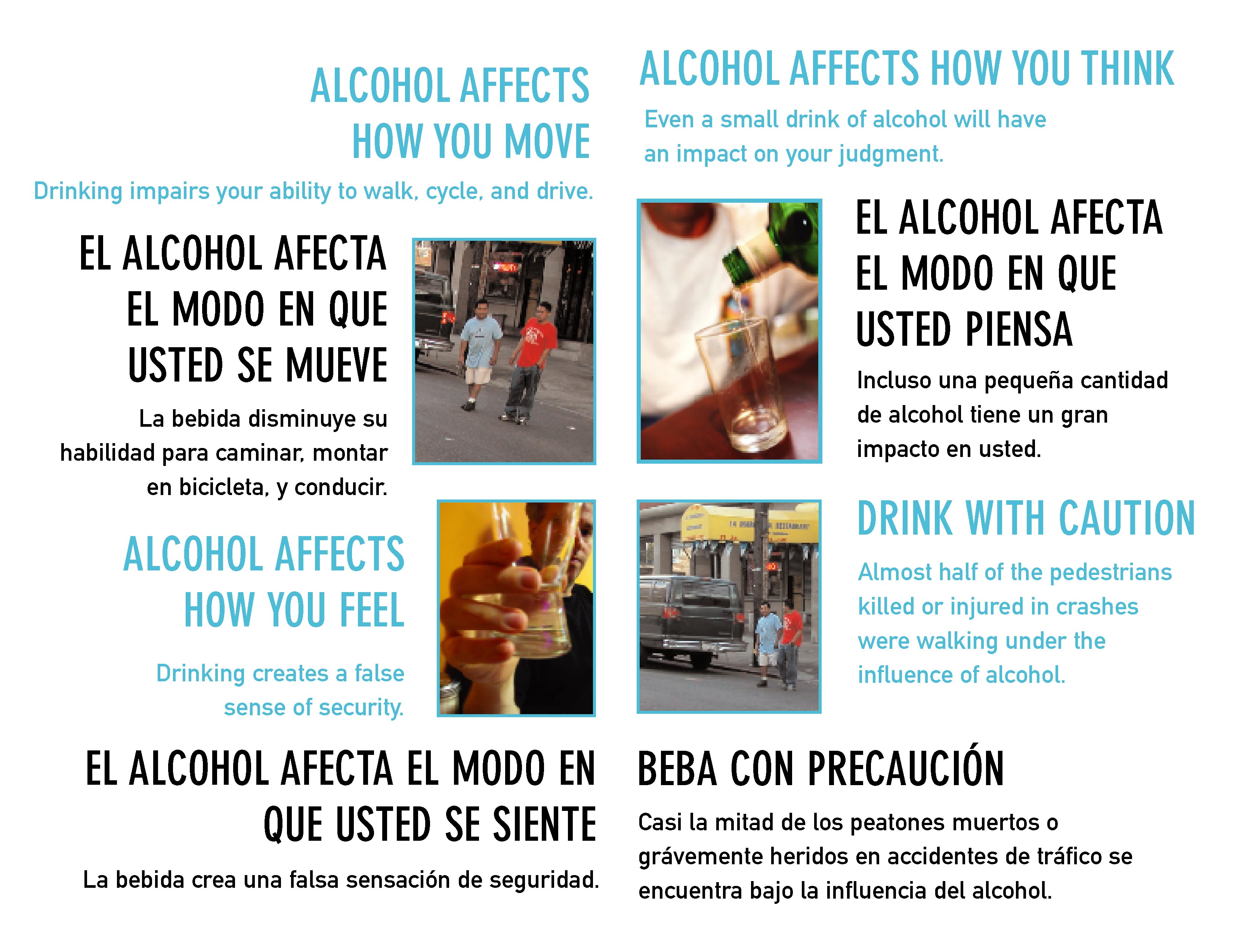 Capa interior (Inside cover): Preste atención. Tenga aun más cuidado en calles anchas donde el tráfico va más rápido. (Pay attention. Be extra cautious on wide streets where traffic moves rapidly.) Mantenga su vista en el tráfico. Cuando no hay acera, camine en dirección contraria al tráfico para que pueda ver de frente a los vehículos. (Keep your eyes on traffic. When no sidewalks are available, walk against traffic so that you can see oncoming vehicles.) Preste atención a los coches mientras cruza. No asuma que los conductores pararán por usted.  (Watch cars while crossing. Don't assume that drivers will stop for you.) Use el sentido común. Utilice las aceras. Cruce la calle por los pasos de peatones. (Be predictable. Use sidewalks. Cross streets using crosswalks.)