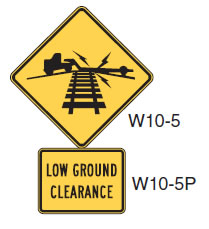 "alt="Figure 3. Low Ground Clearance Warning Sign - This figure contains images of a Low Ground Clearance Grade Crossing (W10-5) warning sign and a LOW GROUND CLEARANCE (W10-5P) supplemental plaque. The warning sign is a yellow diamond containing a drawing of a simple truck and trailer moving across a railroad track warning that the trailer makes contact with the track. The supplemental plaque is a yellow rectangle containing the text LOW GROUND CLEARANCE.""