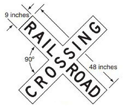 "Figure 9. Crossing Sign (Crossbuck) - This figure is the crossbuck railroad crossing sign. The use of the Crossbuck sign at all highway-rail crossings is considered standard practice. The only exception to this requirement is for LRT crossings, where use of the Crossbuck is optional. The MUTCD requires use of the Crossbuck sign, along with the "NUMBER OF TRACKS" sign (where more than one track is present) on each approach to a public highway-rail crossing. The length of the crossbuck sign is 48 inches and the height is 9 inches. The sign is formed like the letter "X" with a perfect 90-degree angle between each panel of the sign.)"