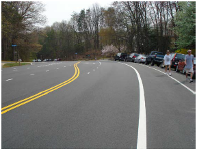 Buffered pedestrian path between on-street parallel parked cars and the travel lane on a roadway with forested areas to either side and no paved side-walk.