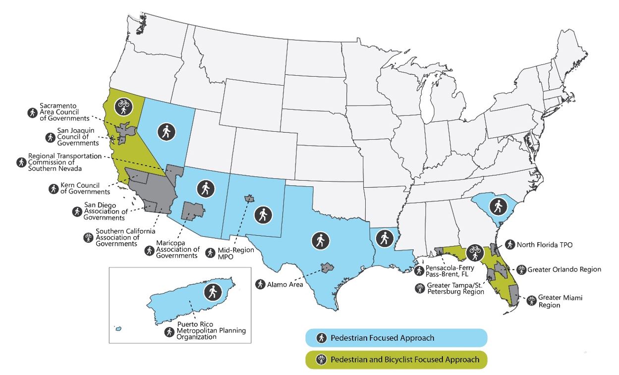 US Map, Pedestrian Focused Approach - Nevada, Arizona, New Mexico, Texas, Southern Louisiana, and South Carolina; Pedestrian and Bicyclist Focused Approach - Northern California, Florida.