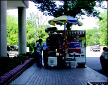 "This hot dog vendor has taken up so much of the sidewalk that pedestrians may be forced into the road in order to get around the cart."