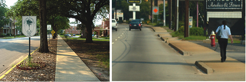 Left: Buffer space between the sidewalk and moving vehicles makes pedestrians feel safer. Trees and other objects in the buffer further enhance pedestrian comfort., Right: The pedestrian on this sidewalk is in a potentially dangerous situation, walking very close to vehicles in the outside travel lane.