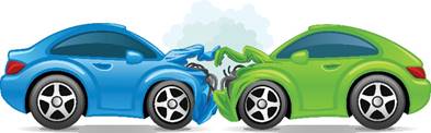 "Cartoon graphic of two vehicles colliding in a head-on crash."