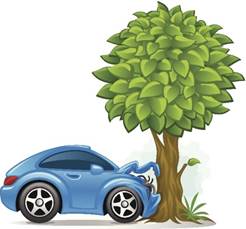 "Cartoon graphic of a vehicle colliding head-on with a tree."