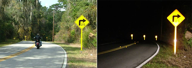 "daylight and nighttime photos of a curved road with brite sticks installed"