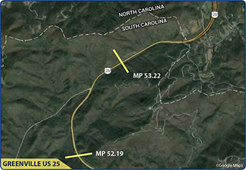 "Map of the one-mile section of Greenville US 25 treated with HFST. Copyright Google Maps."
