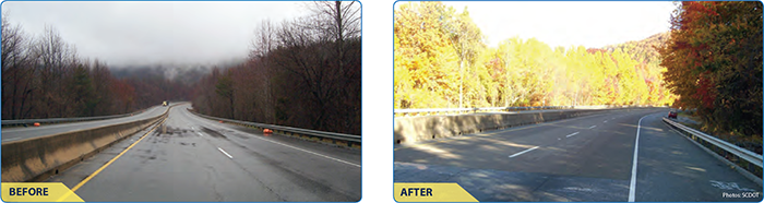 "Before and after photos of the treated roadway."