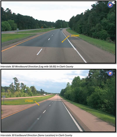 "Two photos each depicting median-separated Interstate 30 Westbound and Eastbound at the milepost 58 in Arkansas. In both photos, the point where the ultra-thin bonded wearing course begins and the untreated road ends is clearly evident as the treated pavement is darker."