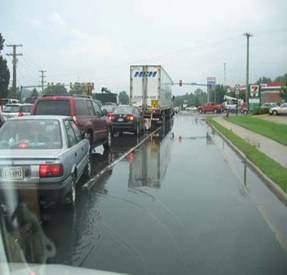 Southbound approach at Hydraulic Road after rain storm.  Ponding in travel lanes may be caused by improper cross-slope, poorly maintained inlets, or inadequate capacity/spacing of inlets.