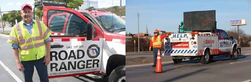 "Two photograph: (1) A safety engineer standing beside his truck with the Florida Road Ranger logo and (2) A Road Ranger truck with a message board atop it and a safety engineer diverting traffic around one lane"