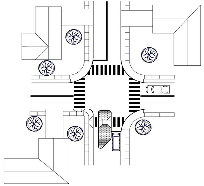 "Figure 3.23.1. Half Closure Schematic â€“ Blocking Entry to Side Street. This figure contains a schematic of a four leg intersection drawn from an overhead view. Only the bottom right quadrant of the intersection doesn't have a house. The bottom leg of the intersection has an island blocking most of the left lane, allowing a path for drainage and a bicycle between the left curb and the island. To the right of the island there is enough room for a car to pass, indicated by a vehicle occupying that lane. A vehicle is also drawn in on the right leg in the top lane."