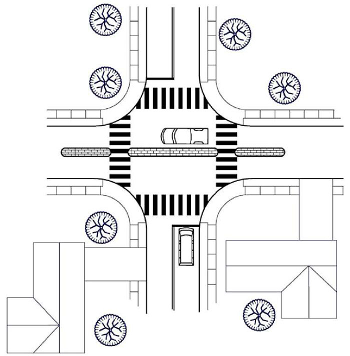 "Figure 3.24.1. Median Barrier Schematic. This figure contains a schematic of an intersection which illustrates three median barriers running from left to right. A car passes on the top lane of the intersection running right to left. Another vehicle waits at the stop sign on the lower leg of the intersection. The median barrier would prevent turning onto the top and bottom legs across traffic. It also narrows the lanes running from left to right"