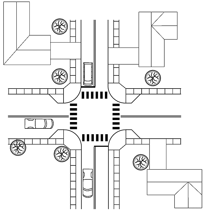 "Figure 3.16.1. Corner Extension Schematic. This figure contains a line drawing of the use of corner extensions in an intersection. The top left and right and bottom right corners contain houses. The street running left to right is narrowed at the intersection by rounded corner extensions jutting out into the street. There is a truck in the bottom lane of the left hand street. A van waits in the left hand lane of the top section of street. A car has passed through the intersection and is in the left hand lane in the bottom section of street."