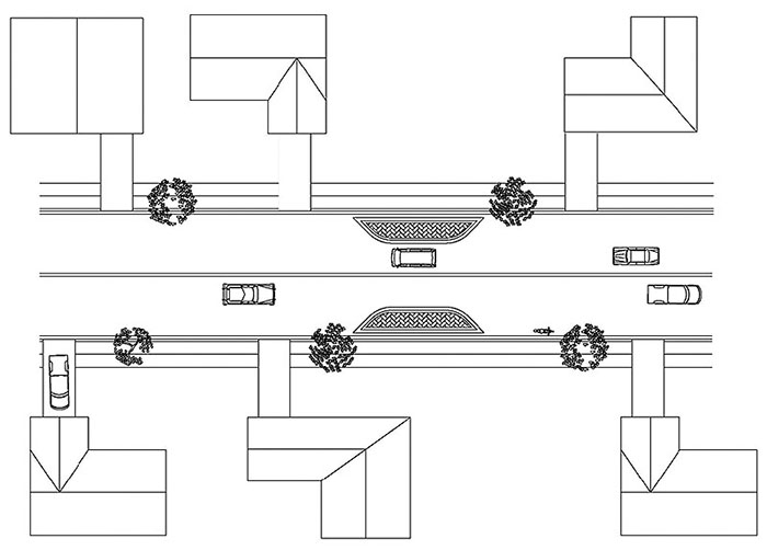 "Figure 3.17.1. Choker Schematic. This figure contains a line drawing of a two lane street divided by a double line from an overhead view. Three houses line each side of the street. Halfway along the street a pair of patterned curb extensions extend into and narrow the street with a choker. There are two vehicles in each lane; one near the northern curb extension, one in that same lane near the right hand edge of the picture, one approaching the southern curb extension, and one near the right hand edge of the picture."