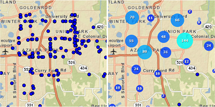 "Two enlarged screenshots from the Signal Four Analytics Tool, the first showing data on a map as individual points, and the second showing the same data as clusters"