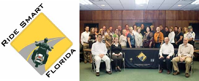 "Two images: (1) the Ride Smart Florida logo and (2) a photograph of the members of the motorcycle safety coalition"