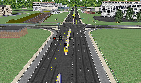 "Screenshot. Driving simulator experiment of the contraflow left-turn lane (CLTL) pocket scenario. This image shows a bird’s eye view of a four-legged urban intersection with three lanes and a left-turn lane in the northbound direction and three lanes in the southbound direction. The intersection is systematical. The intersection is surrounded by green grassy hills and several buildings. The image shows where the left-turning northbound traffic can cross the opposing lane of traffic to execute the left-turn. The image shows upstream traffic signals for such a maneuver: (1) a red “X” over the leftmost lane of traffic, (2) green downward pointing arrow with a white left-turn signal over it (opposing lane where the left-turn can be executed), and (3) a green downward pointing arrow (in the normal, left-turn lane). The concrete median tapers open with double, dashed yellow lines marking the reversible lane."