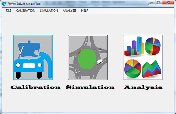 "Screenshot. Main menu and components of the FHWA Driver Model Software: calibration, simulation, and analysis. This image shows the main menu of the FHWA Driver Model Software. The title (at the top of the window) reads “FHWA Driver Model Tool” directly left of the USDOT triskelion logo. Beneath the title are the main tabs: “File”, “Calibration”, “Simulation”, “Analysis”, and “Help”. Beneath the tabs are the three main components of the software: “Calibration”, “Simulation”, and “Analysis”. Each component has a logo: (1) “Calibration” – a mechanic diagnosing a vehicle’s engine, (2) “Simulation” – vehicles simulated on a roundabout, (3) “Analysis” – various colored bar and pie charts."