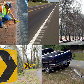 "collage of photos: SafetyEdgesSM preparation and installation, a tree-lined roadway, a pickup truck, and yellow signs with Bear Right arrows along a curving road"