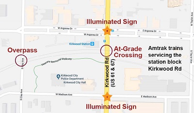 "map of Kirkwood, marked to show the locations of an Overpass, two Illuminated signs, and an At-Grade Crossing"