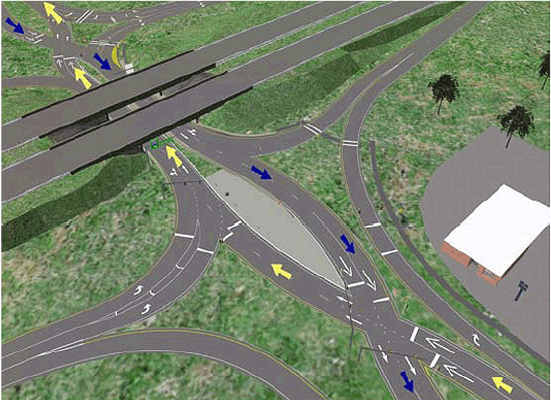 "Computer simulated aerial perspective over a diverging diamond interchange."