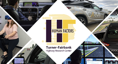 "collage of human factors technologies such as car simulator, CARMA(SM) vehicle, virtual bicycle, and pedestrians"