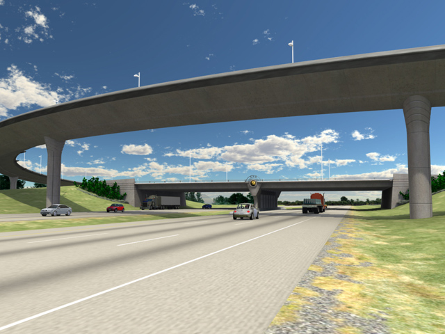 A rendering of a highway below two bridges.