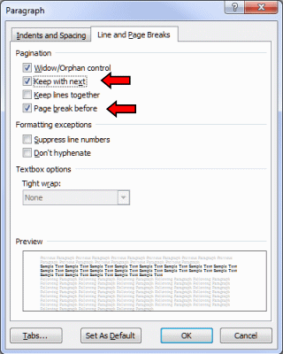 Paragraph dialog, Line and page breaks tab