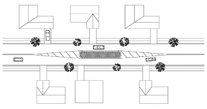 "Figure 3.18.1. Median Island Schematic. This figure contains a line drawing depicting an overhead view of a two lane road with a median island. Three houses line each side of the road and trees are scattered along each sidewalk. A median island is depicted as a long oval and is used to narrow each lane. The dividing lines gradually narrow the road until they reach the island."