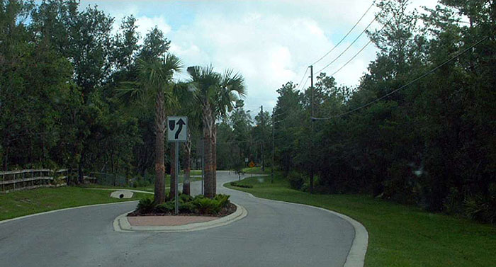 "Figure 3.18.2. Landscaped Median Island. This figure contains a photograph showing a winding two lane road running through a wooded plot of land. The road is undivided. A small median island is used to narrow the lanes. Palm trees and low bushes are visible taking up most of the island. A signpost holds a sign showing the island and indicating that traffic should follow the right hand lane."