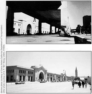 Before and after: The Embarcadero Freeway parrallels the San Francisco Ferry Building (top). The ferry building after the freeway is demolished.